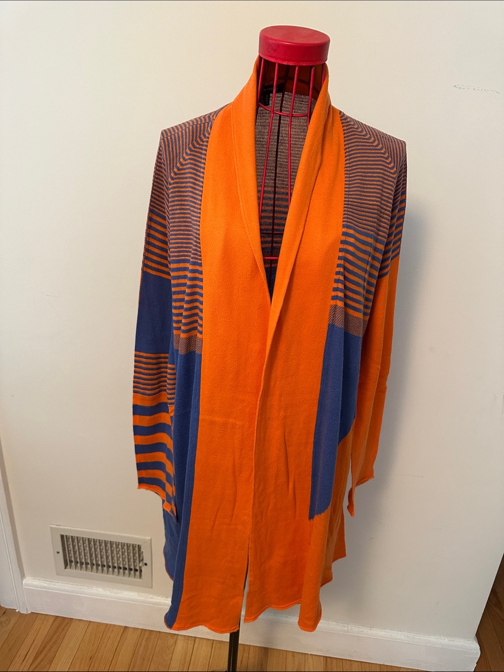 Open-Front Orange and Blue Knit Cardigan